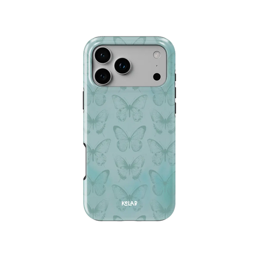 Teal Butterfly, Cottagecore Boho iPhone Case, back view showing full coverage and camera cutout