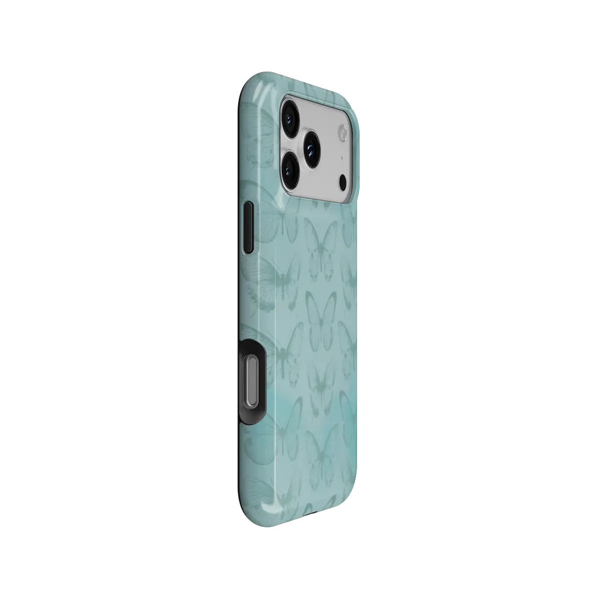 Teal Butterfly, Cottagecore Boho iPhone Case, side angle view showing precise button cutouts and wraparound edge