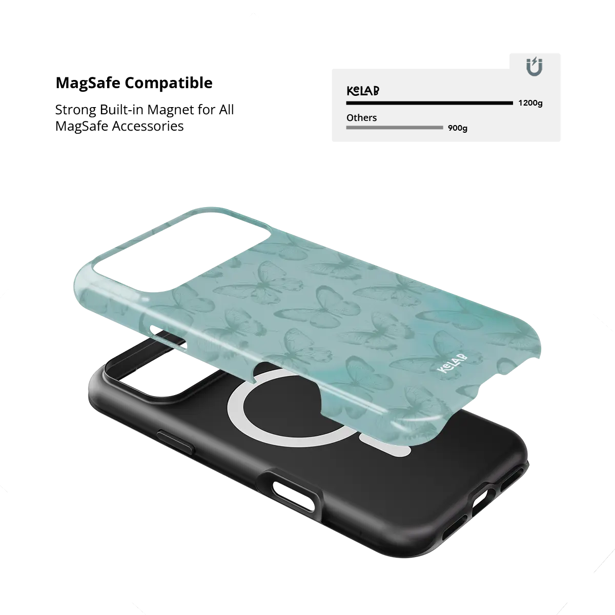 Teal Butterfly, Cottagecore Boho iPhone Case, MagSafe compatible with built-in magnet strength