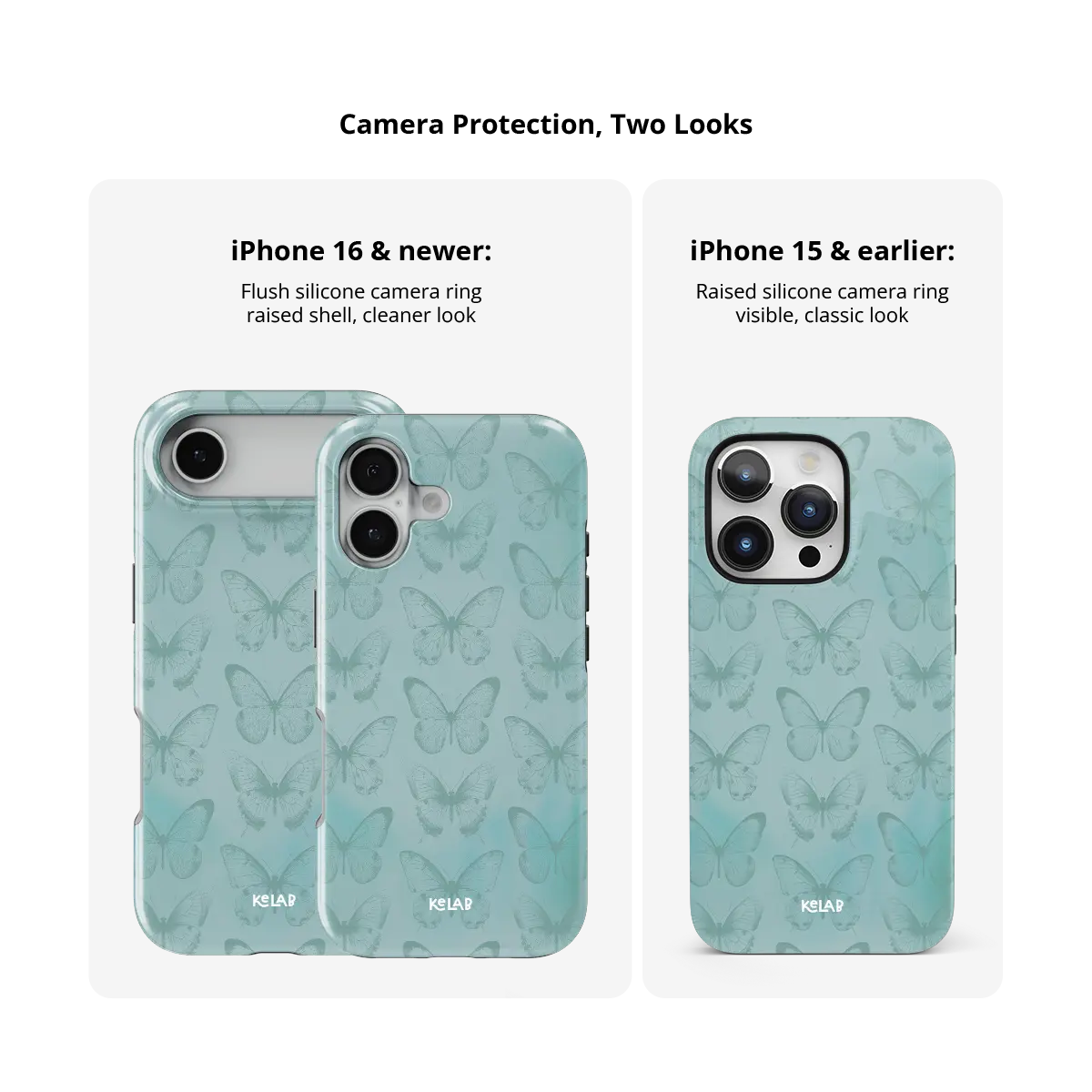 Teal Butterfly, Cottagecore Boho iPhone Case, camera protection and iPhone model size comparison