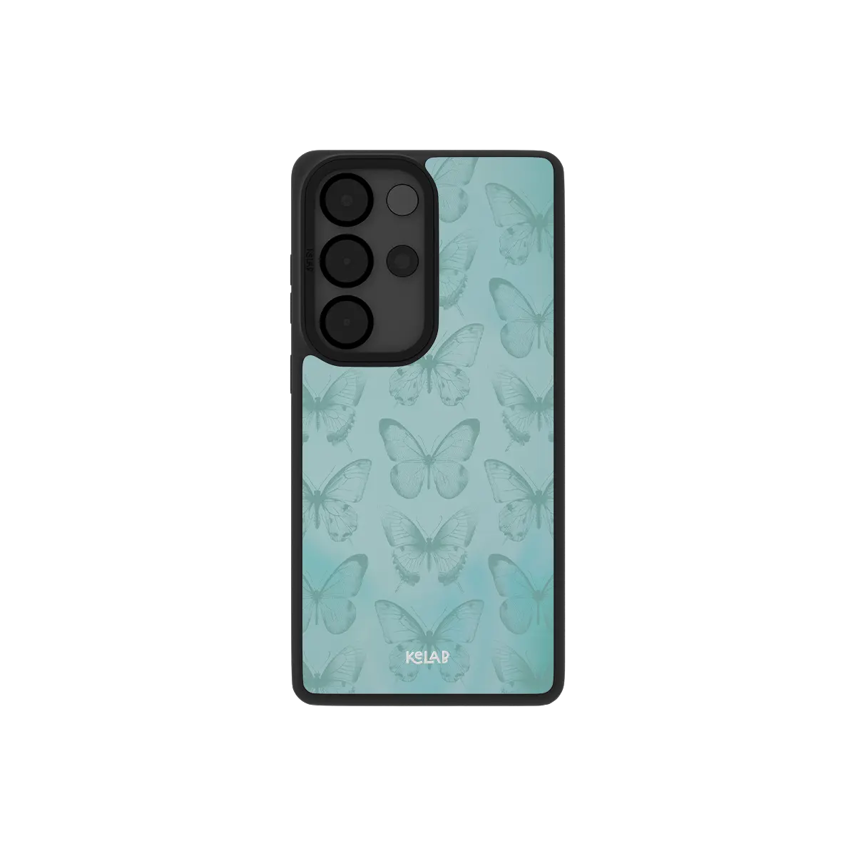 Teal butterfly Samsung Galaxy case, back view with butterflies on a sage and teal gradient around the camera cutout