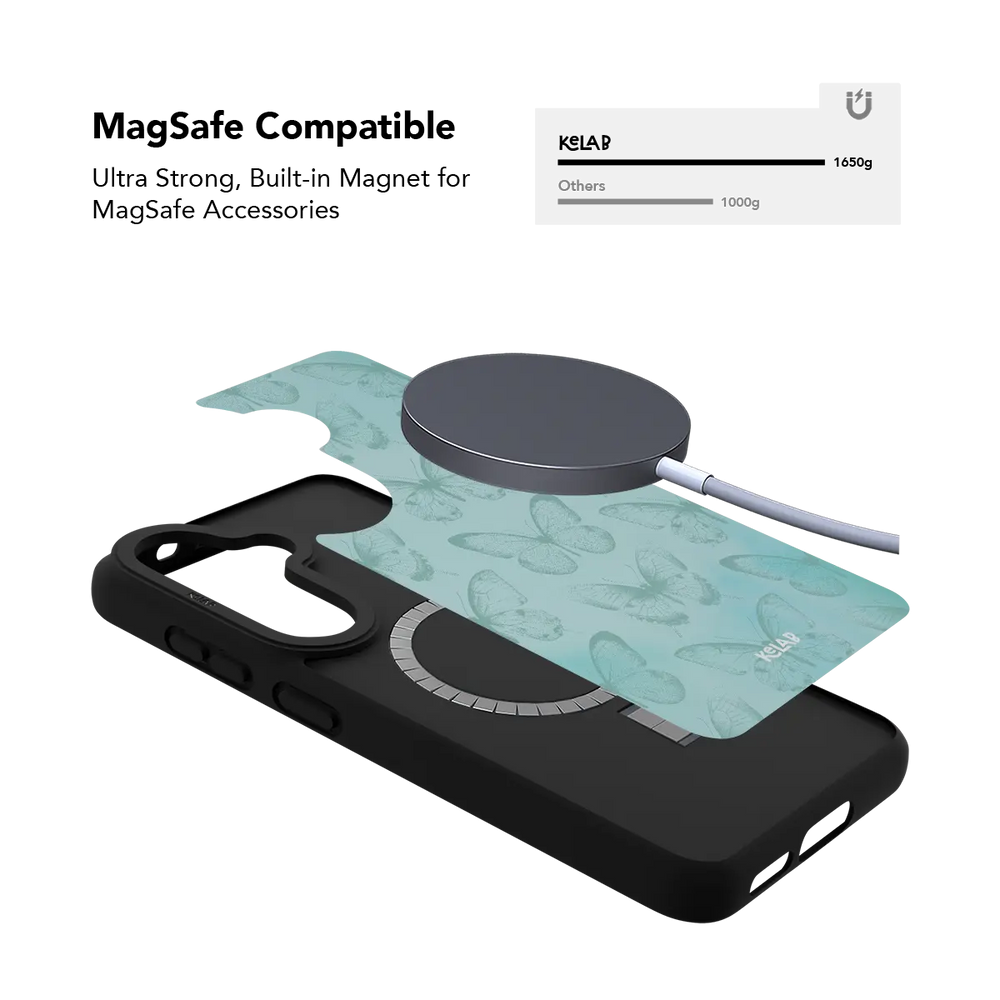 Teal butterfly Samsung Galaxy case holding a magnetic wireless charger through the built in ring