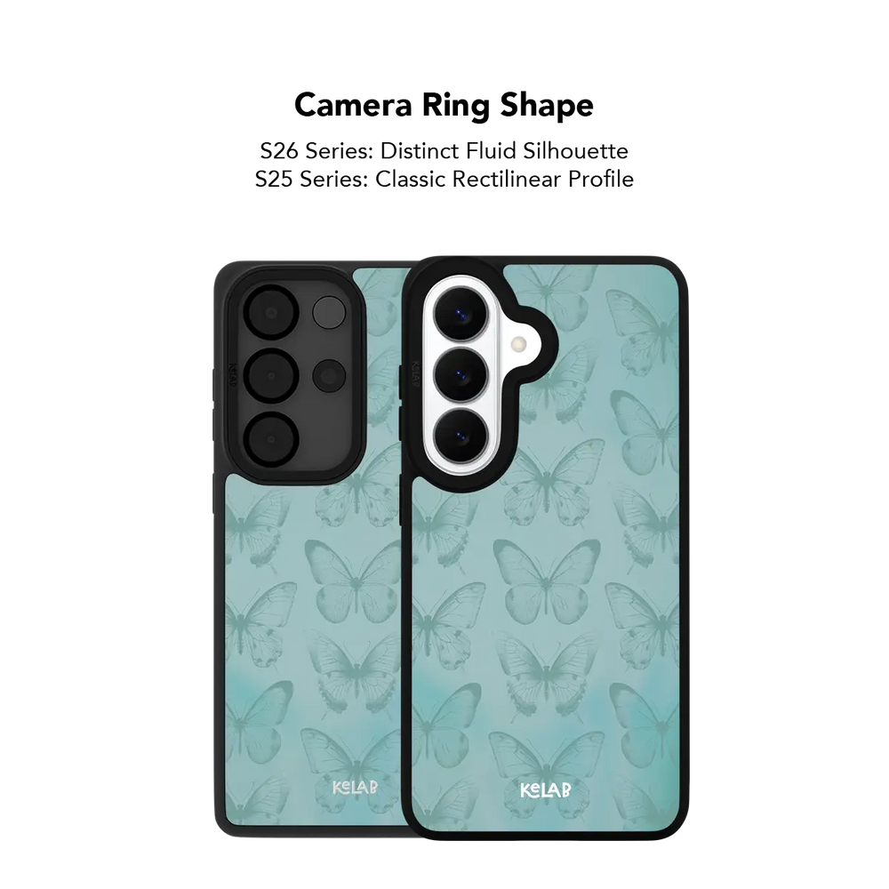 Close up of the camera ring cutout on the teal butterfly Samsung Galaxy case