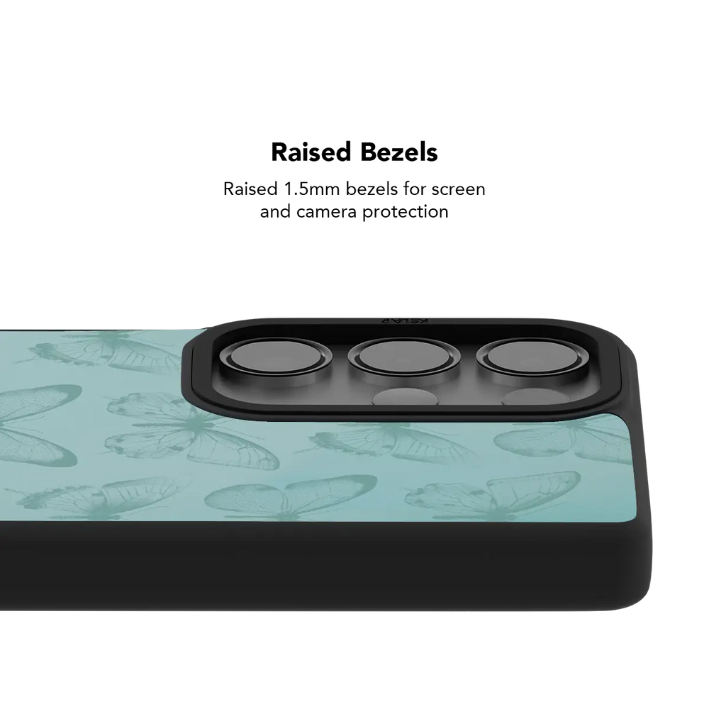 Raised bezel on the teal butterfly Galaxy case lifting the camera lenses clear of a flat surface