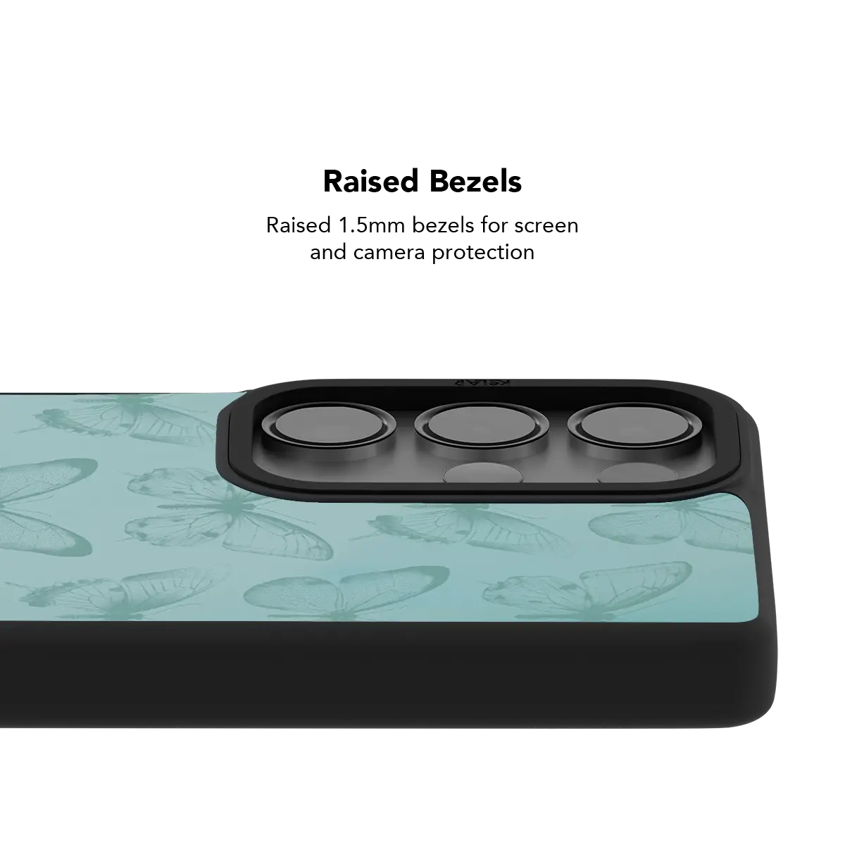 Raised bezel on the teal butterfly Galaxy case lifting the camera lenses clear of a flat surface