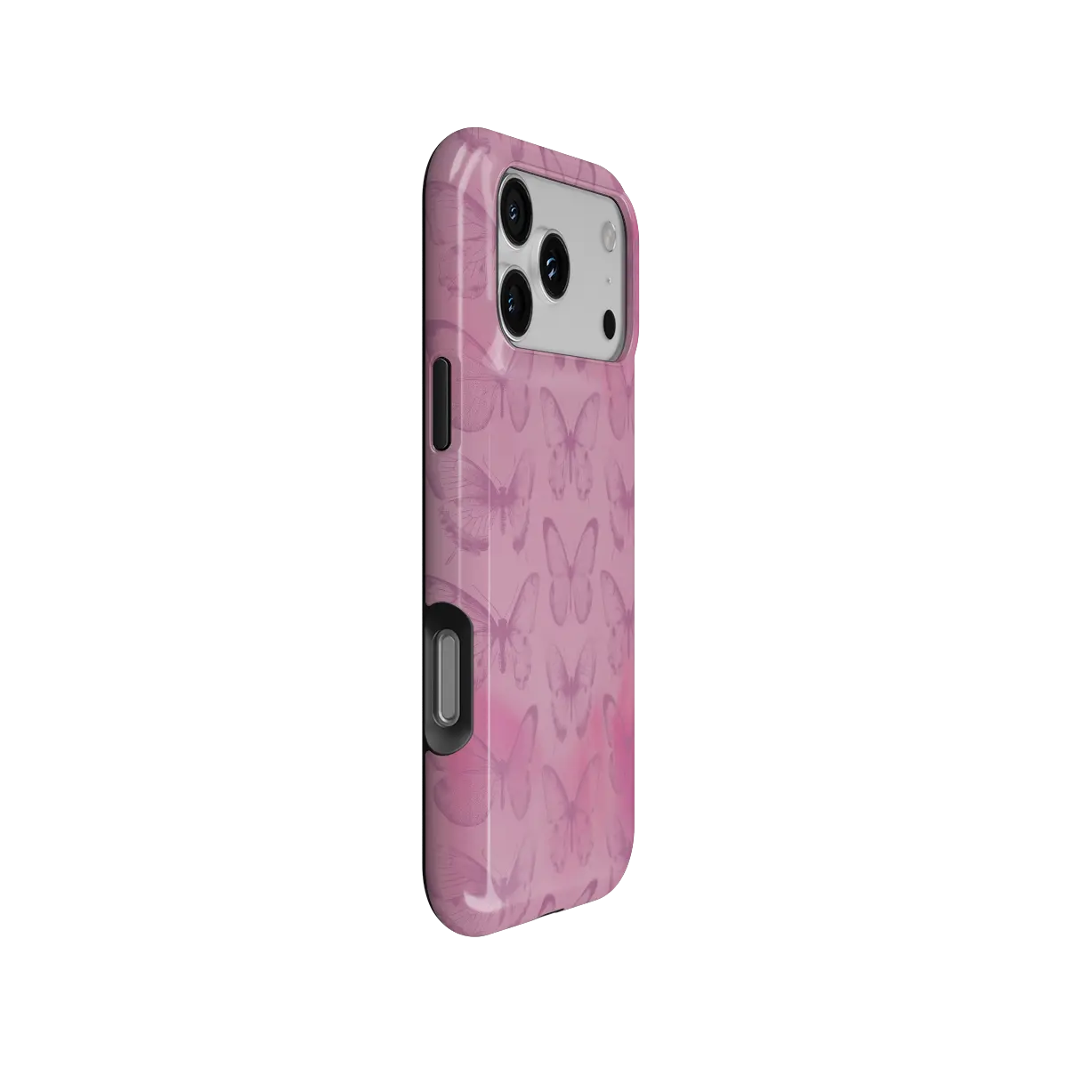 Pink Butterfly, Coquette Cottagecore iPhone Case, side angle view showing precise button cutouts and wraparound edge