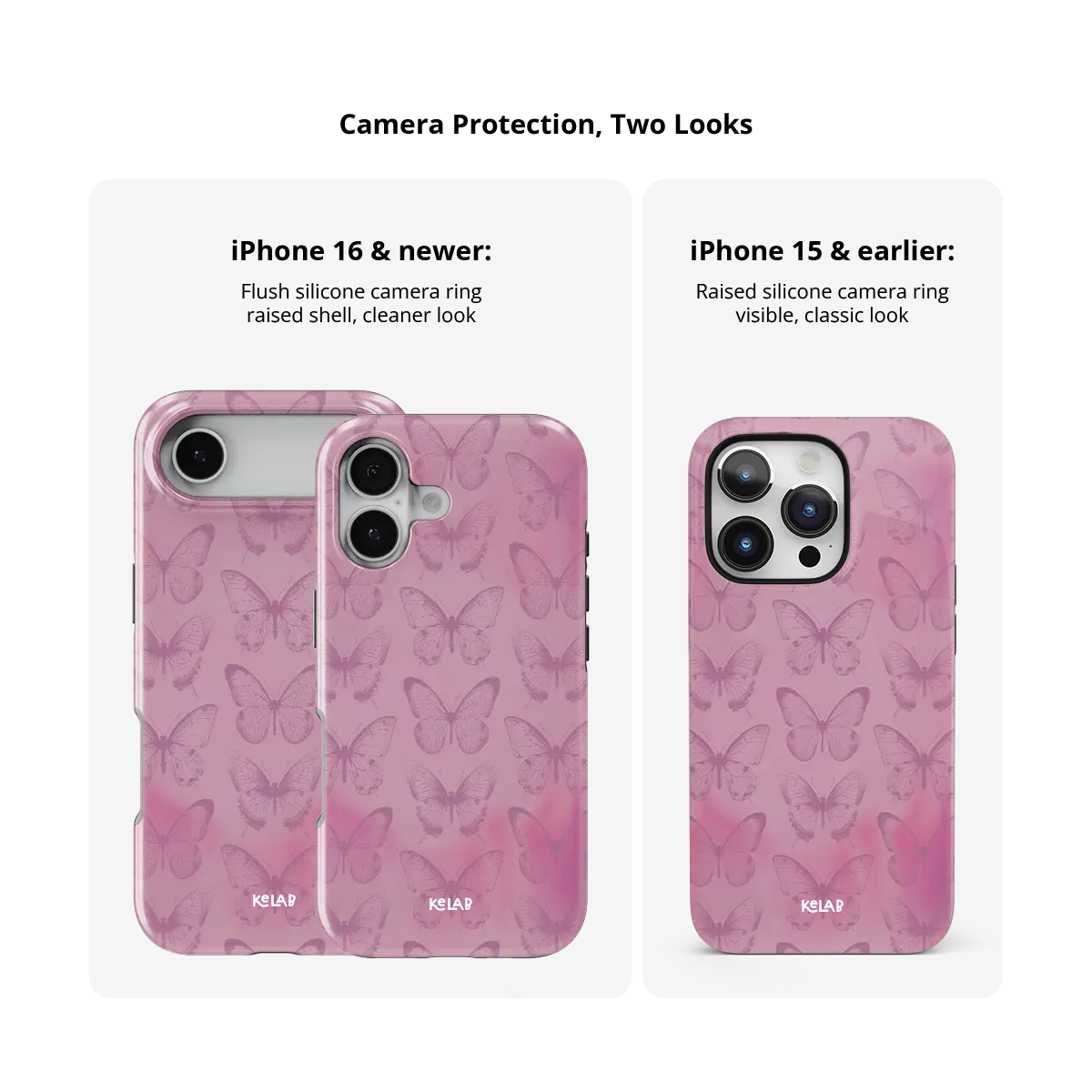 Pink Butterfly, Coquette Cottagecore iPhone Case, camera protection and iPhone model size comparison