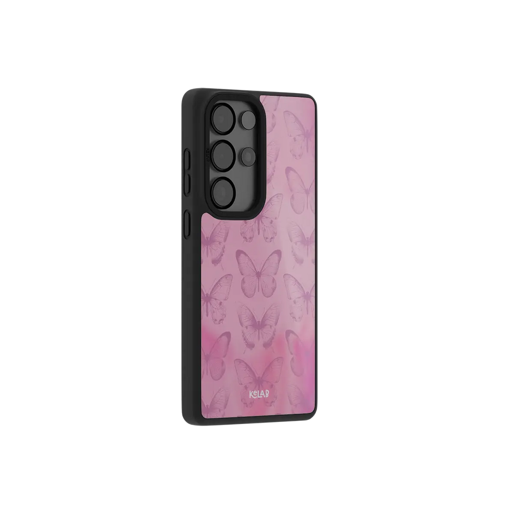 Pink butterfly Samsung Galaxy case at a side angle showing the wrapped button covers
