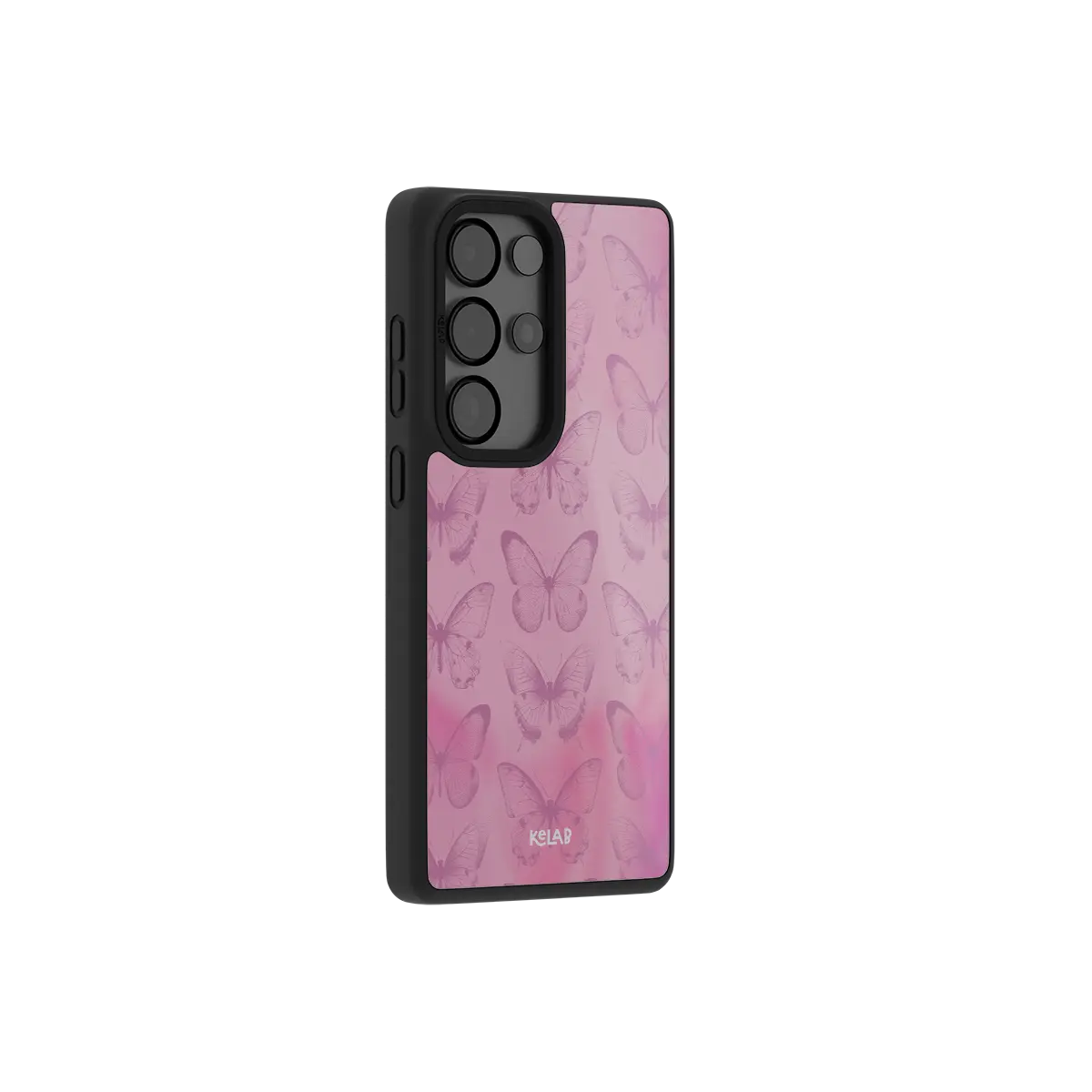 Pink butterfly Samsung Galaxy case at a side angle showing the wrapped button covers