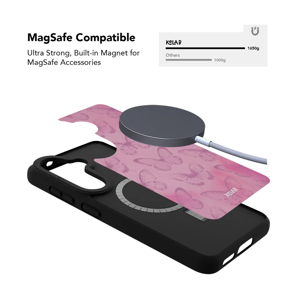 Pink butterfly Samsung Galaxy case holding a magnetic wireless charger through the built in ring