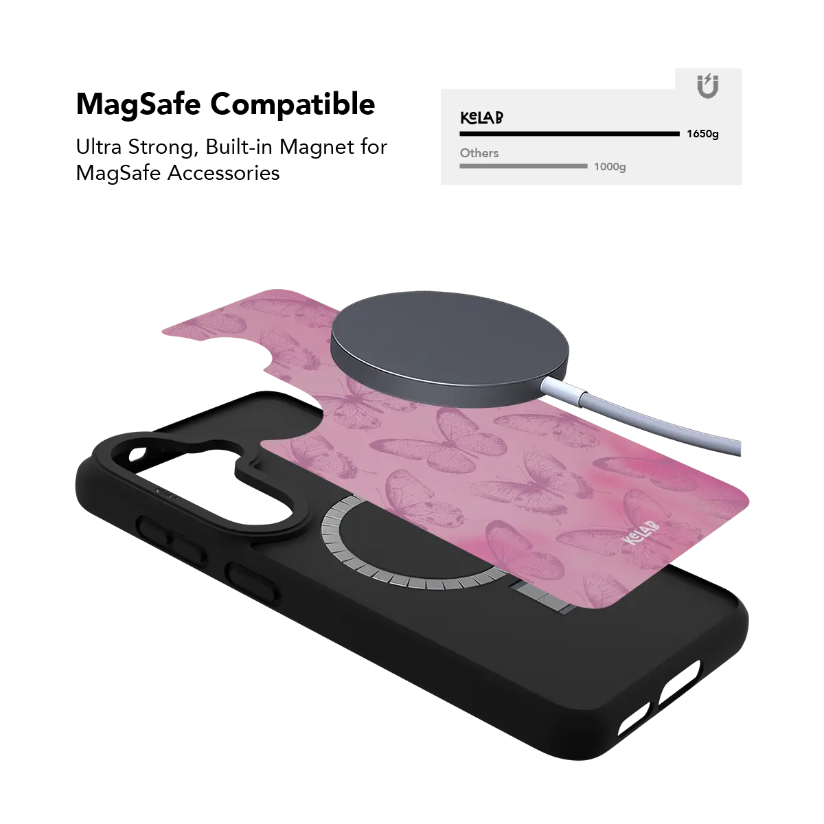 Pink butterfly Samsung Galaxy case holding a magnetic wireless charger through the built in ring