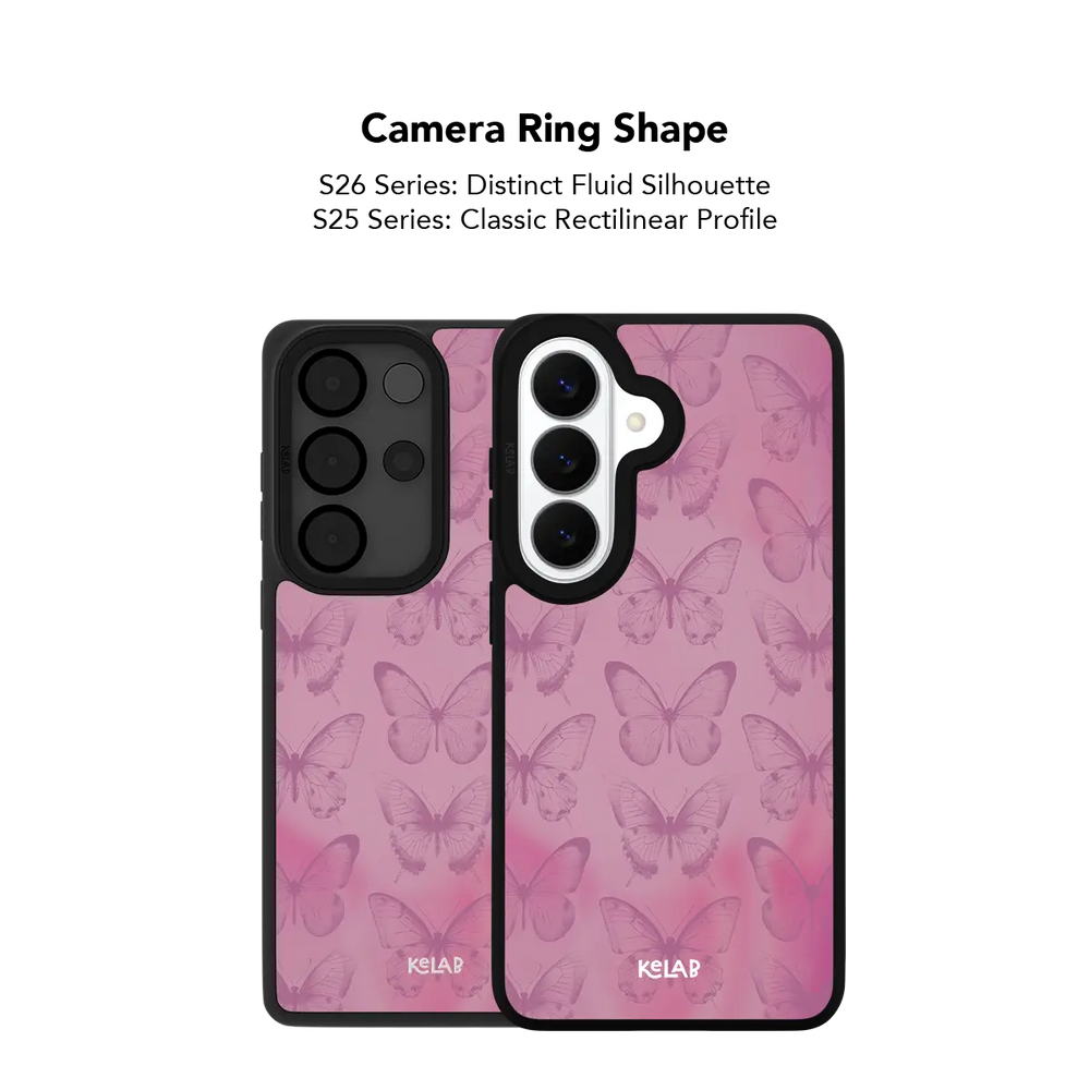Close up of the camera ring cutout on the pink butterfly Samsung Galaxy case