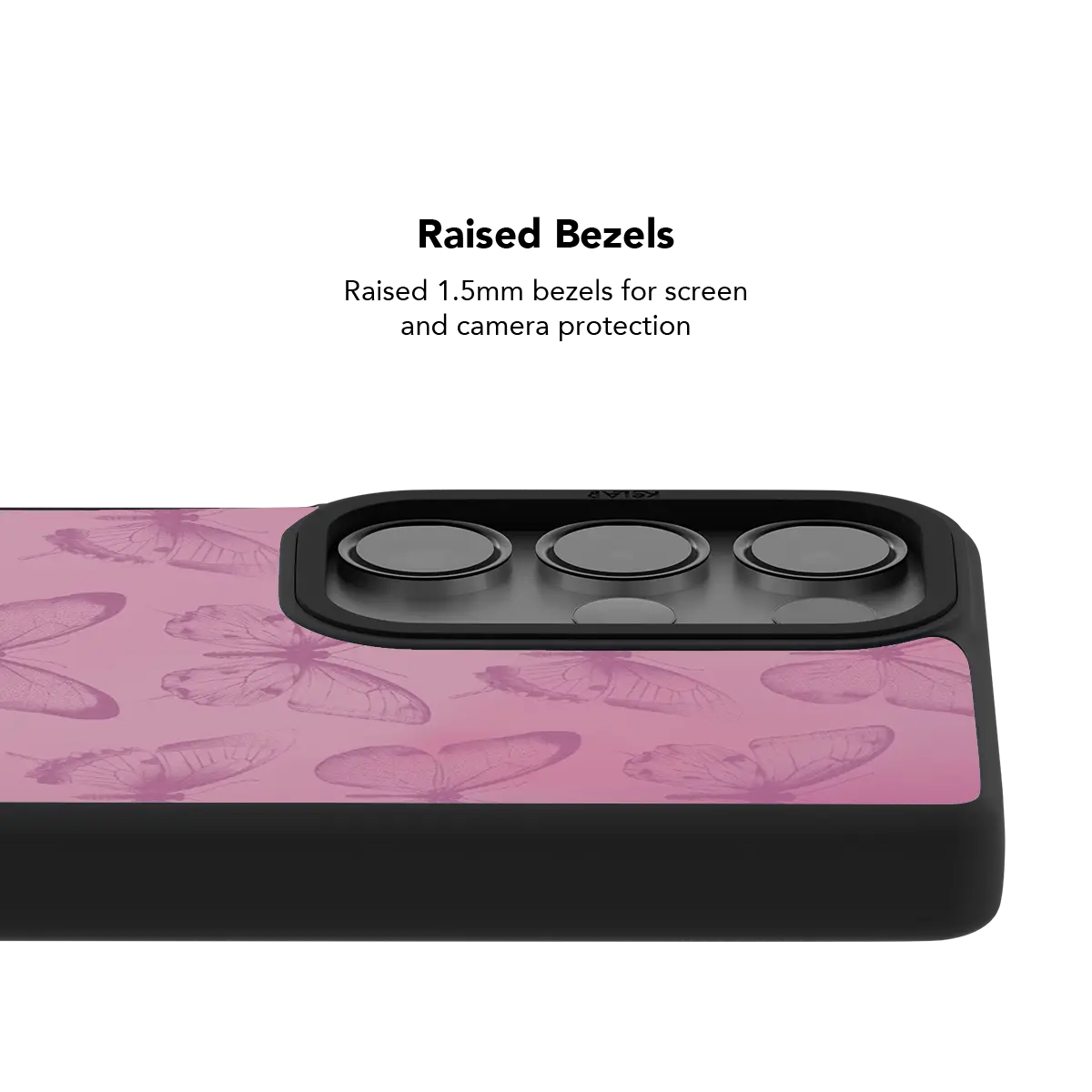 Raised bezel on the pink butterfly Galaxy case lifting the camera lenses clear of a flat surface