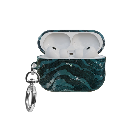 Teal Zebra Print airpods pro case front view with open lid and keychain