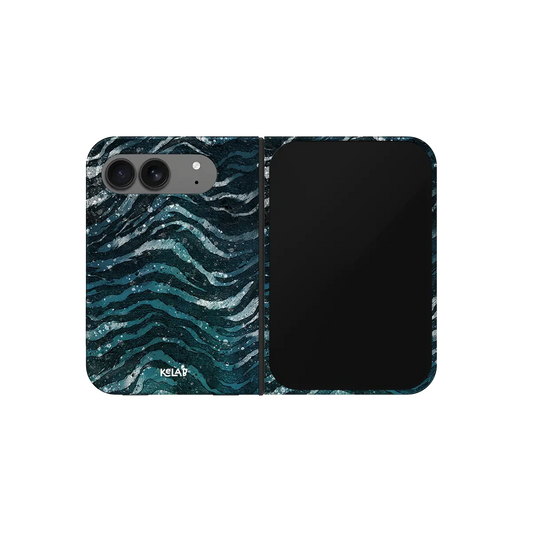 Teal Zebra Print, Ocean Marble iPhone 18 Fold Case, unfolded front view