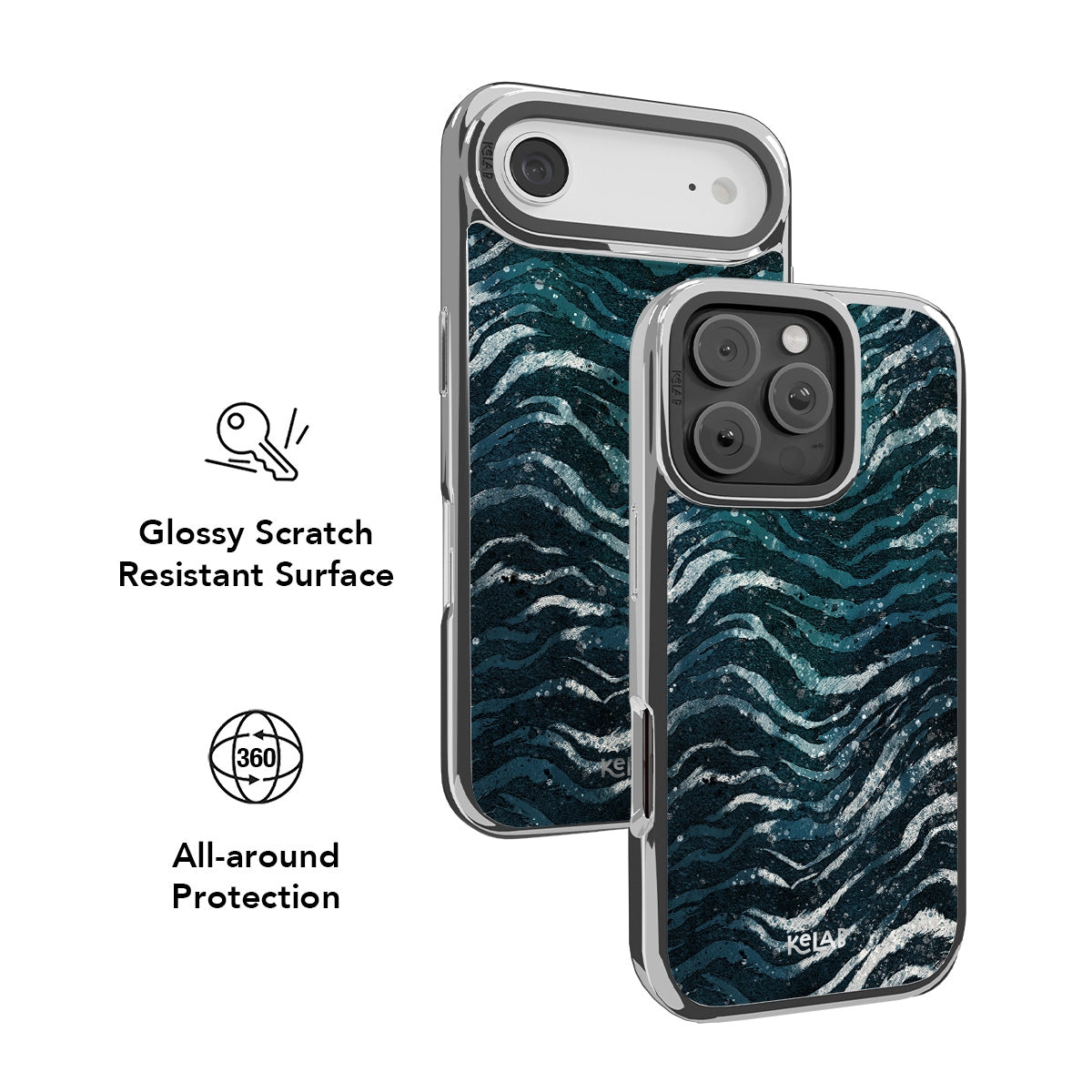 Glossy chrome silver iPhone Case with a botanical wave design for all-around protection