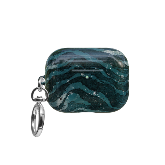 Teal Zebra Print airpods pro case front view with closed lid and keychain