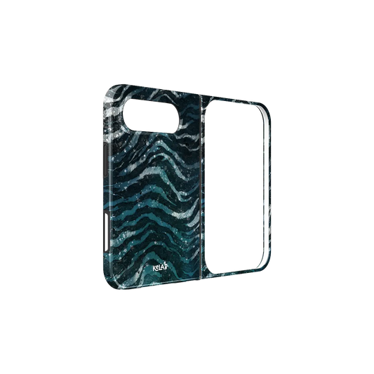 Teal Zebra Print, Ocean Marble iPhone 18 Fold Case, unfolded side view showing the hinge