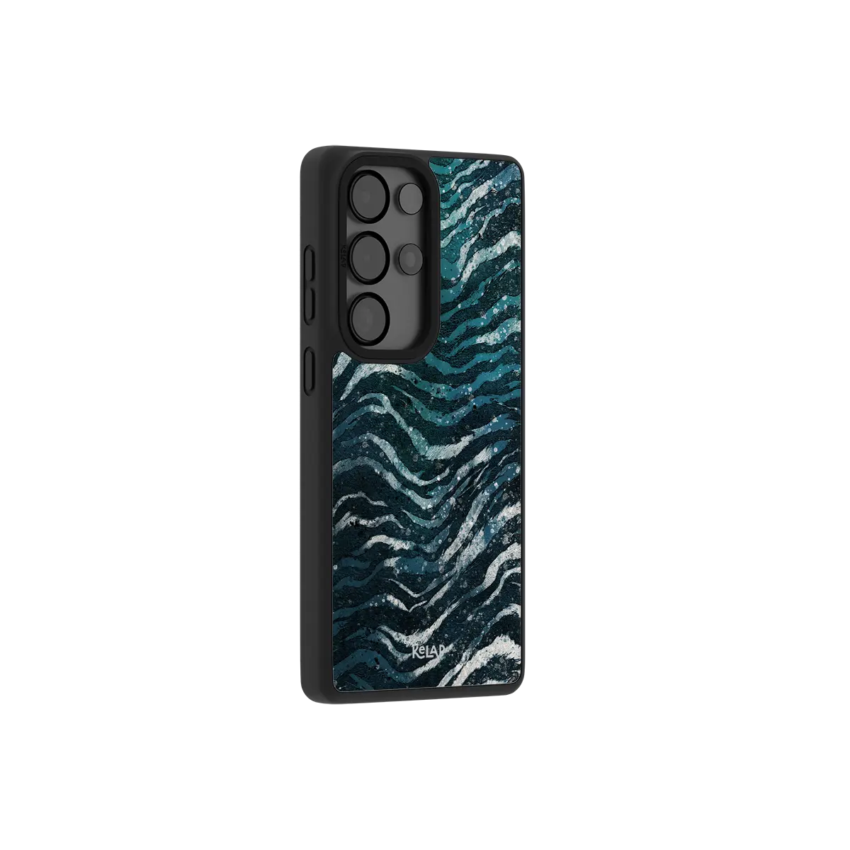 Teal zebra print Samsung Galaxy case at a side angle showing the wrapped button covers
