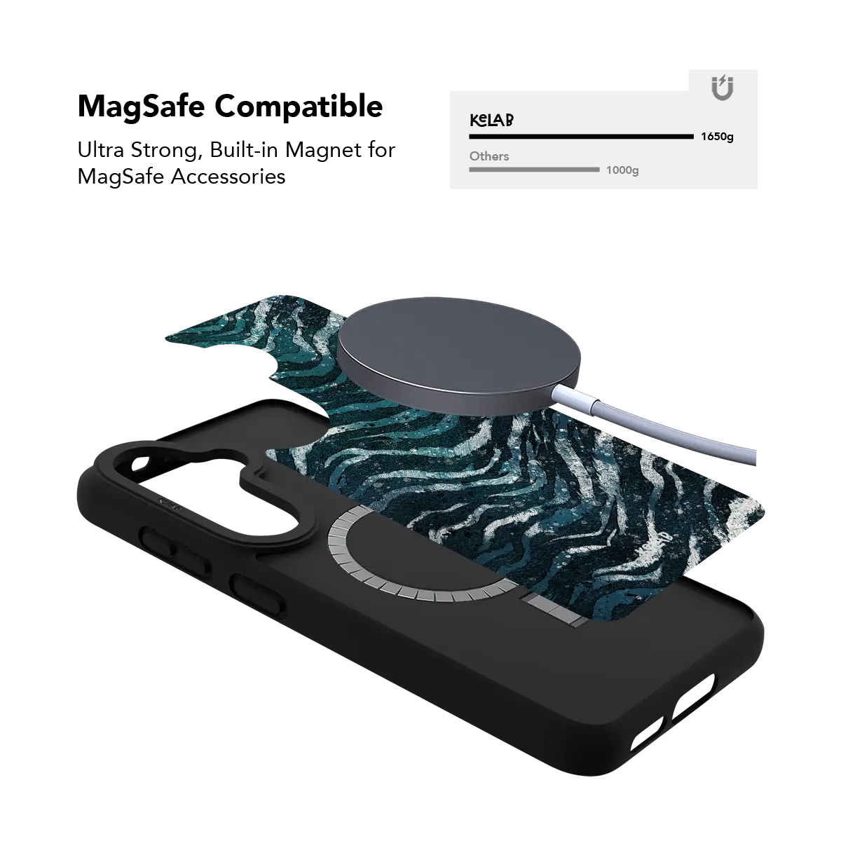 Teal zebra print Samsung Galaxy case holding a magnetic wireless charger through the built in ring