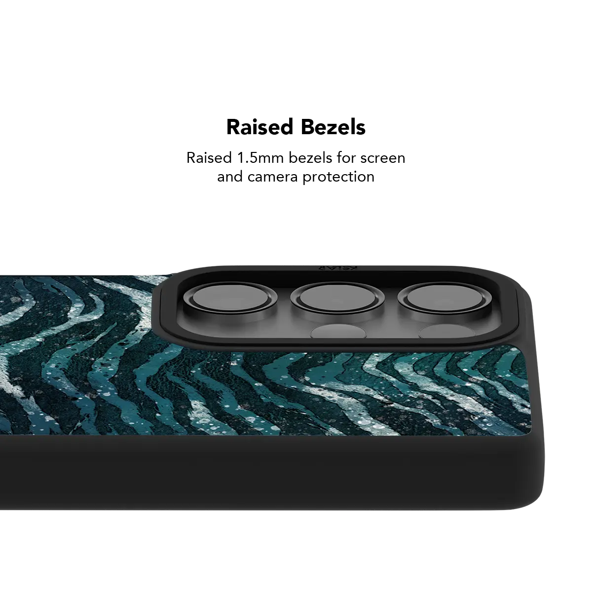 Raised bezel on the teal zebra Galaxy case lifting the camera lenses clear of a flat surface