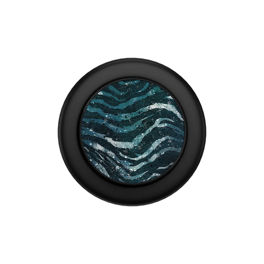 Black PopSockets grip holder with a blue and silver abstract design, compatible with MagSafe phone grip.