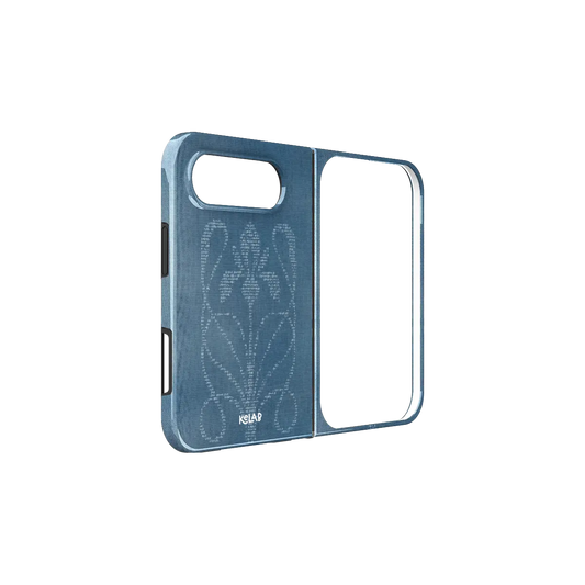 Indigo ASCII Floral, Typewriter Denim iPhone 18 Fold Case, unfolded side view showing the hinge