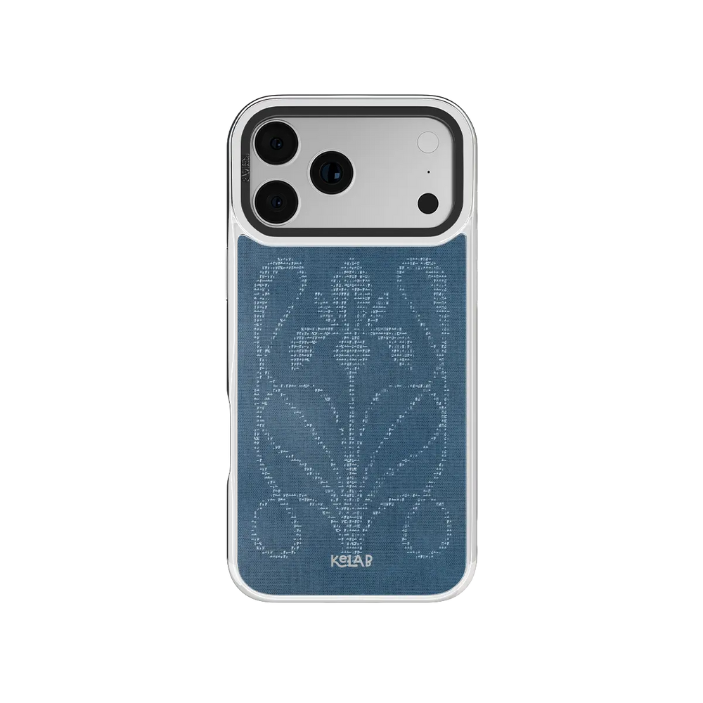 Stylish iPhone Case in washed indigo with a chic vintage computer design — perfect for modern tech enthusiasts.