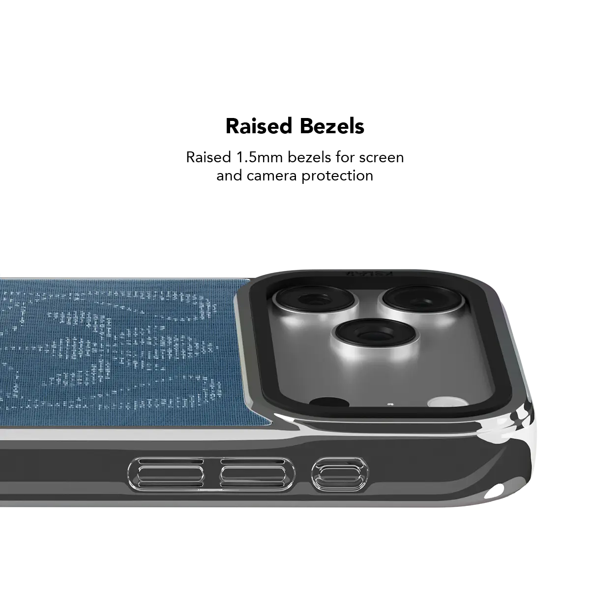 Stylish iPhone Case in denim with a chrome silver frame — features a textured surface and MagSafe compatibility.