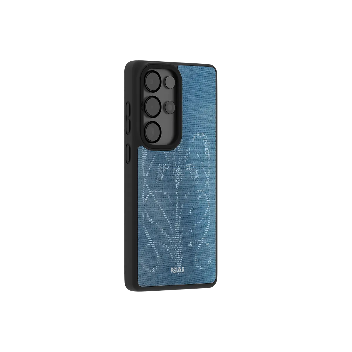Indigo ASCII floral Samsung Galaxy case at a side angle showing the wrapped button covers