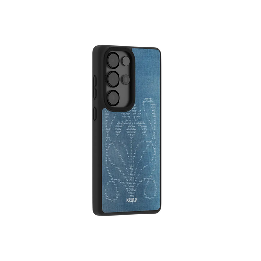 Indigo ASCII floral Samsung Galaxy case at a side angle showing the wrapped button covers
