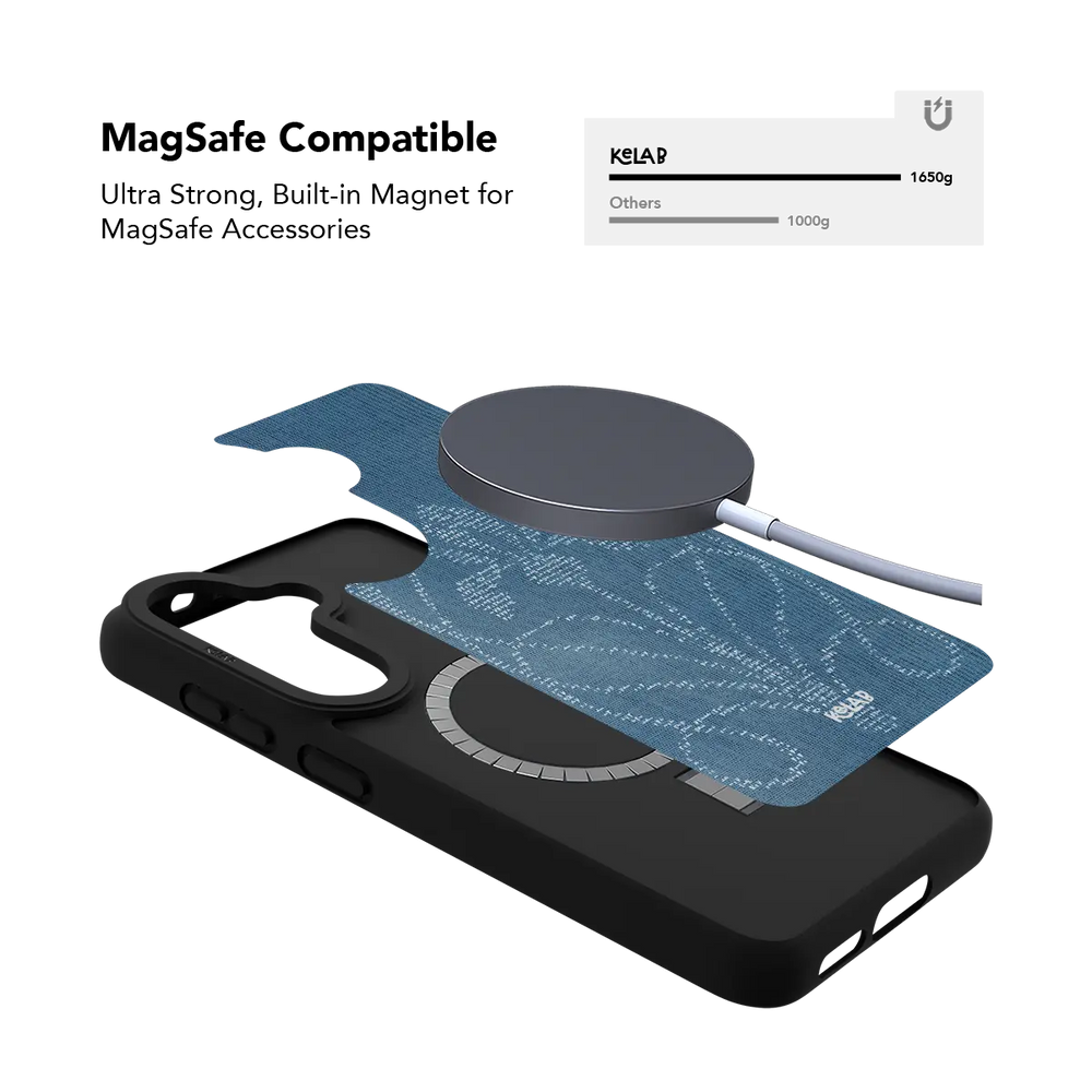 Indigo ASCII floral Samsung Galaxy case holding a magnetic wireless charger through the built in ring