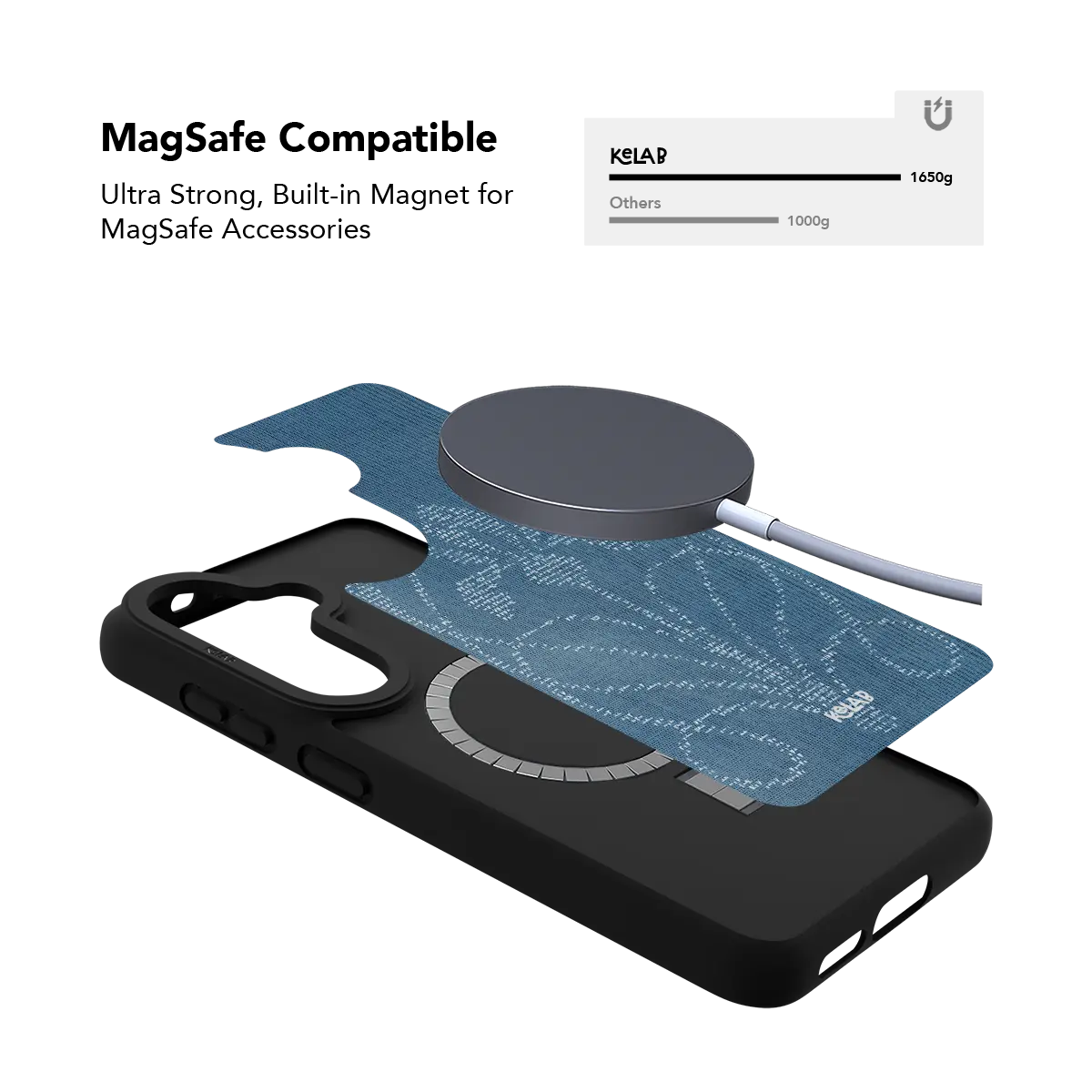 Indigo ASCII floral Samsung Galaxy case holding a magnetic wireless charger through the built in ring