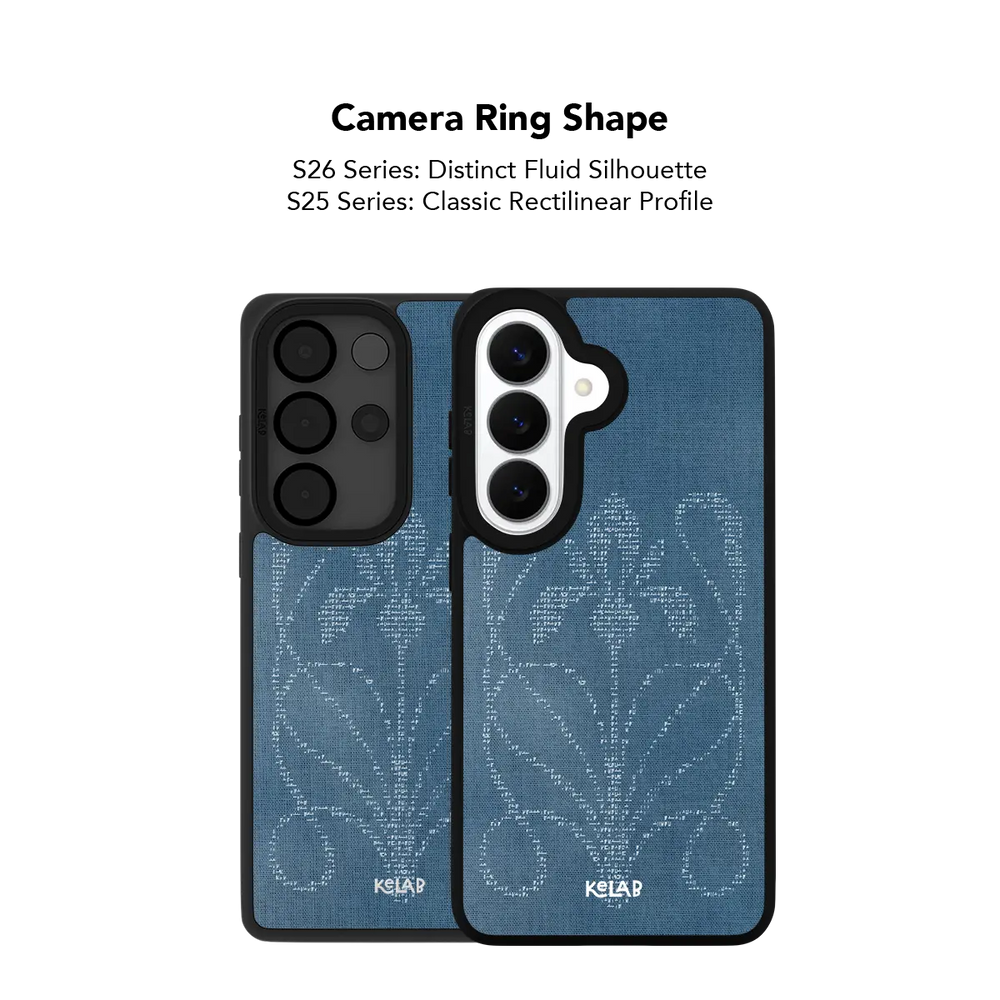 Close up of the camera ring cutout on the indigo ASCII floral Samsung Galaxy case