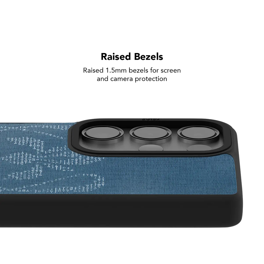 Raised bezel on the indigo ASCII Galaxy case lifting the camera lenses clear of a flat surface