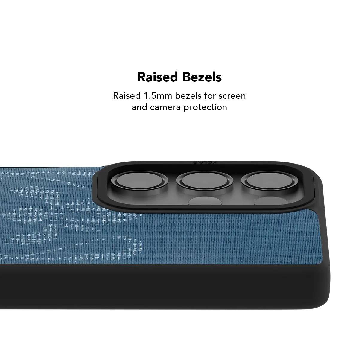 Raised bezel on the indigo ASCII Galaxy case lifting the camera lenses clear of a flat surface