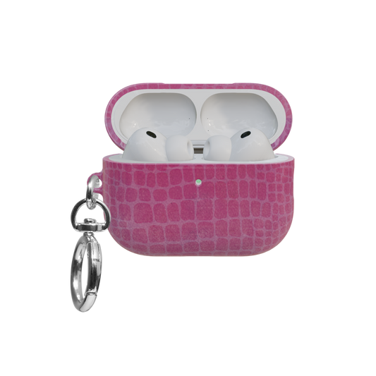 Pink Croc airpods pro case front view with open lid and keychain