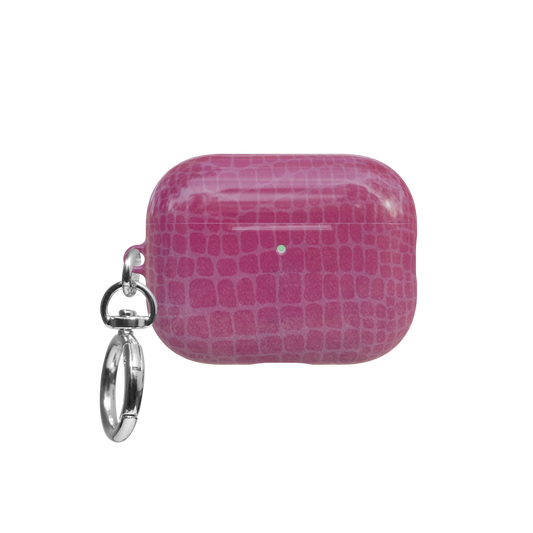 Pink Croc airpods pro case front view with closed lid and keychain