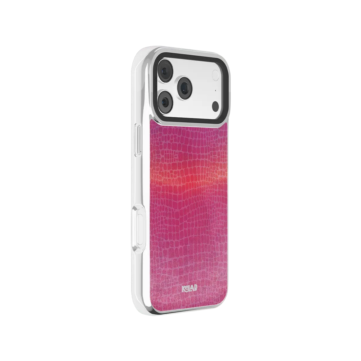 Bold iPhone Case in pink crocodile texture with a sleek chrome finish — designed for stylish protection and durability
