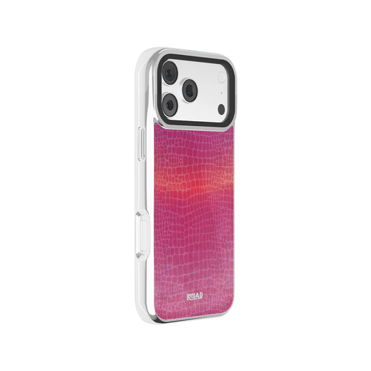 Bold iPhone Case in pink crocodile texture with a sleek chrome finish — designed for stylish protection and durability
