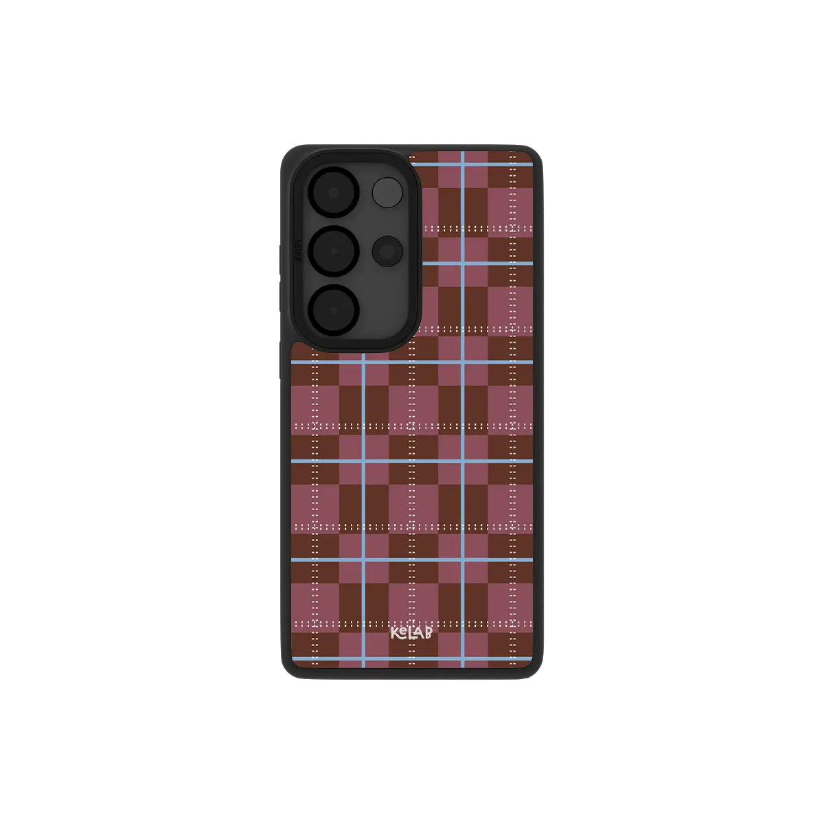 Maroon tartan plaid Samsung Galaxy case, back view with wine and brown sett around the camera cutout