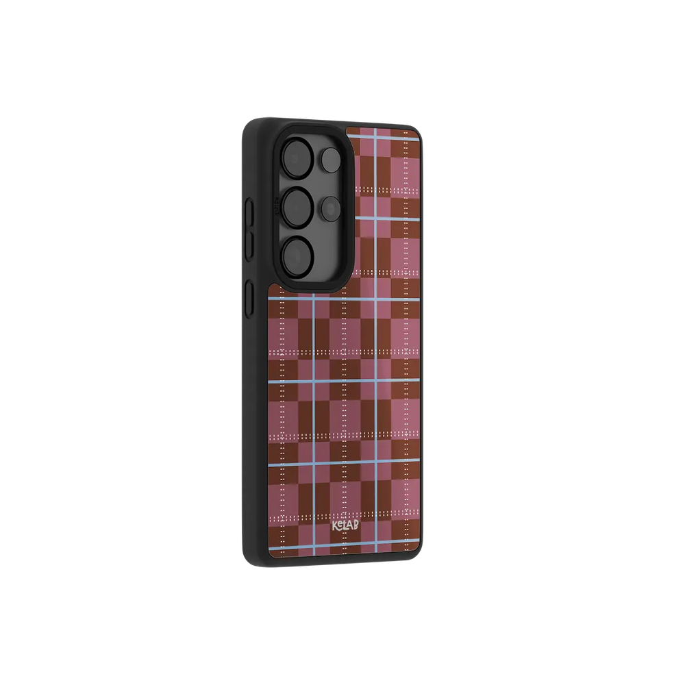 Maroon tartan plaid Samsung Galaxy case at a side angle showing the wrapped button covers