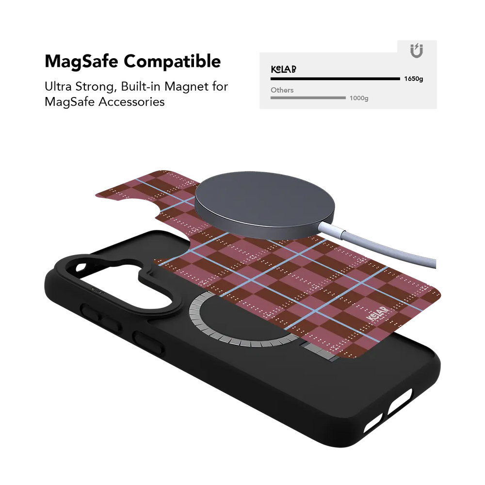 Maroon tartan plaid Samsung Galaxy case holding a magnetic wireless charger through the built in ring