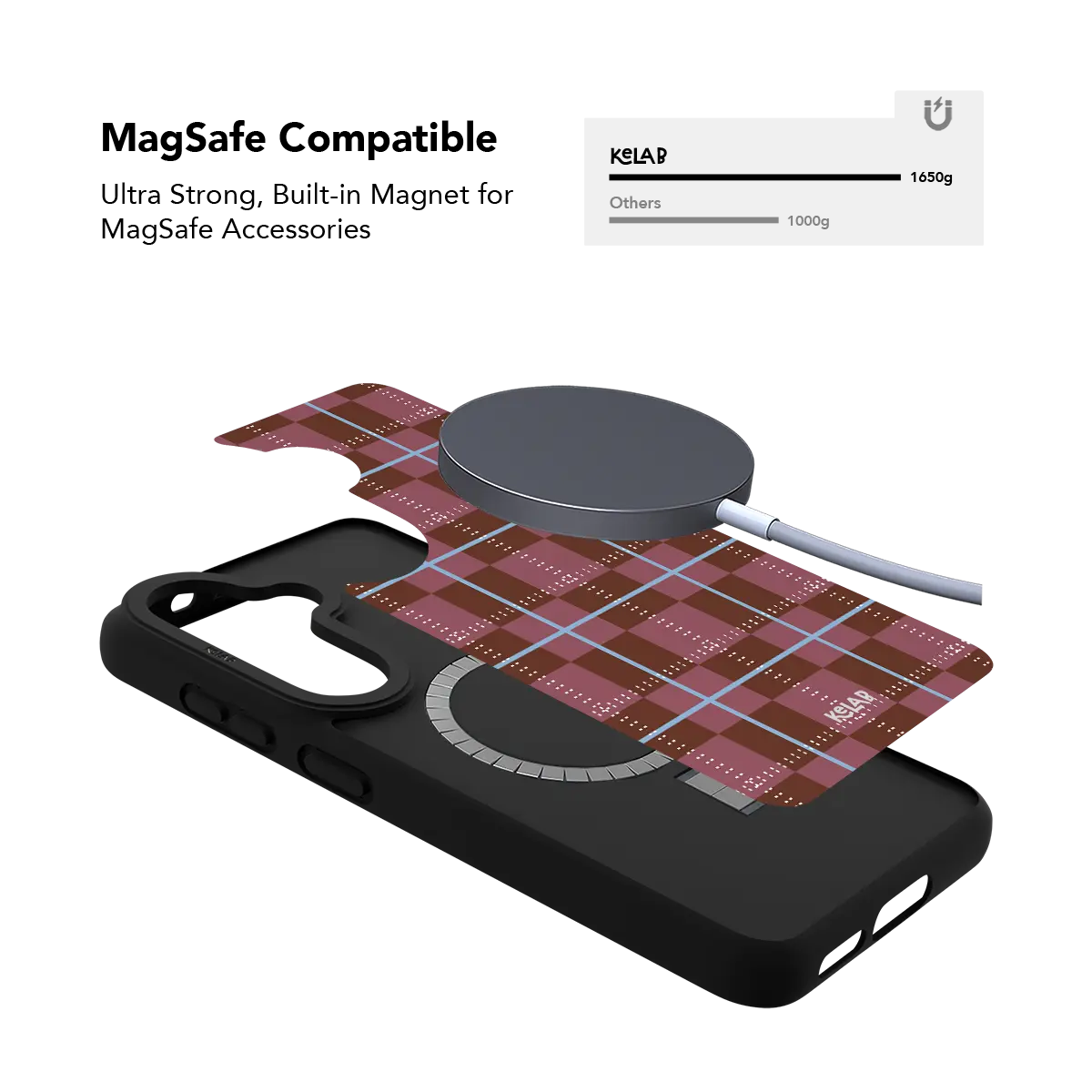 Maroon tartan plaid Samsung Galaxy case holding a magnetic wireless charger through the built in ring