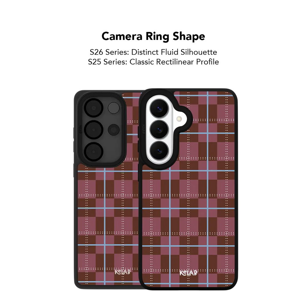 Close up of the camera ring cutout on the maroon tartan plaid Samsung Galaxy case