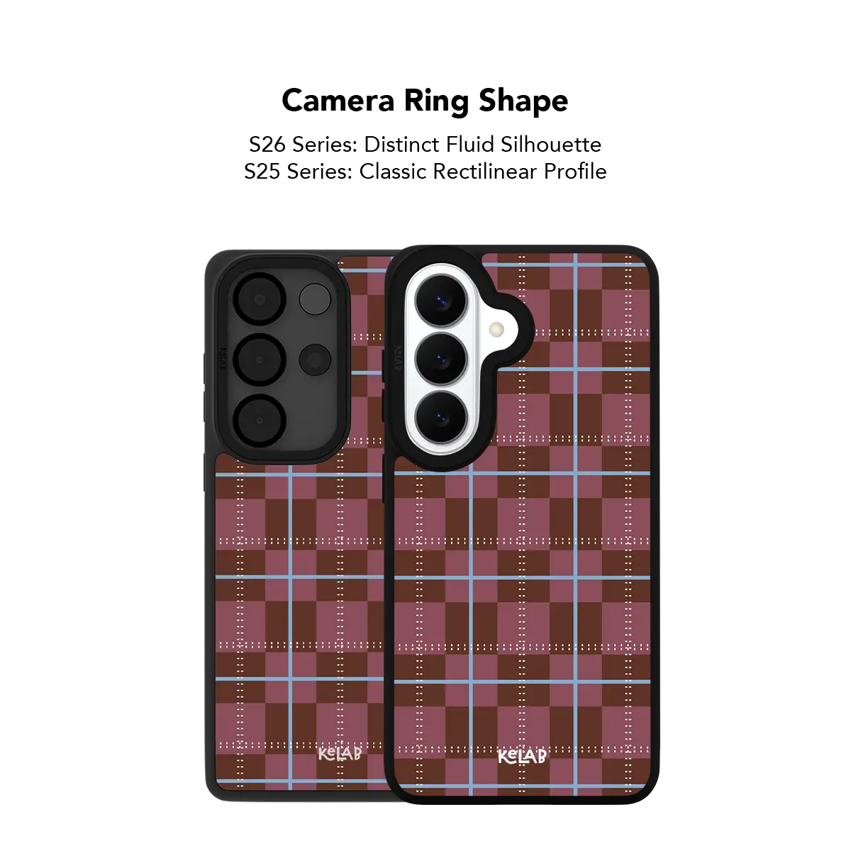 Close up of the camera ring cutout on the maroon tartan plaid Samsung Galaxy case