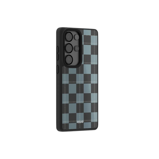Blue and charcoal tartan plaid Samsung Galaxy case at a side angle showing the wrapped button covers