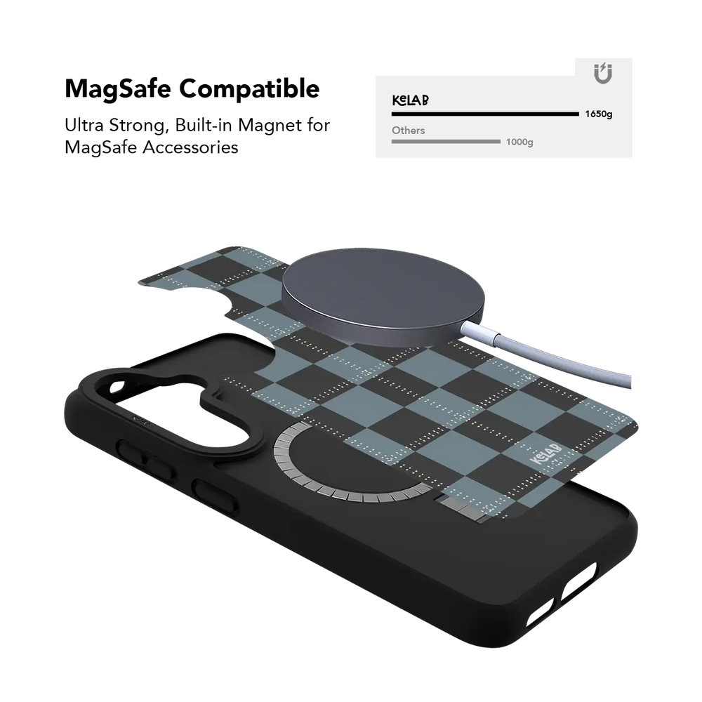 Blue and charcoal tartan plaid Samsung Galaxy case holding a magnetic wireless charger through the built in ring
