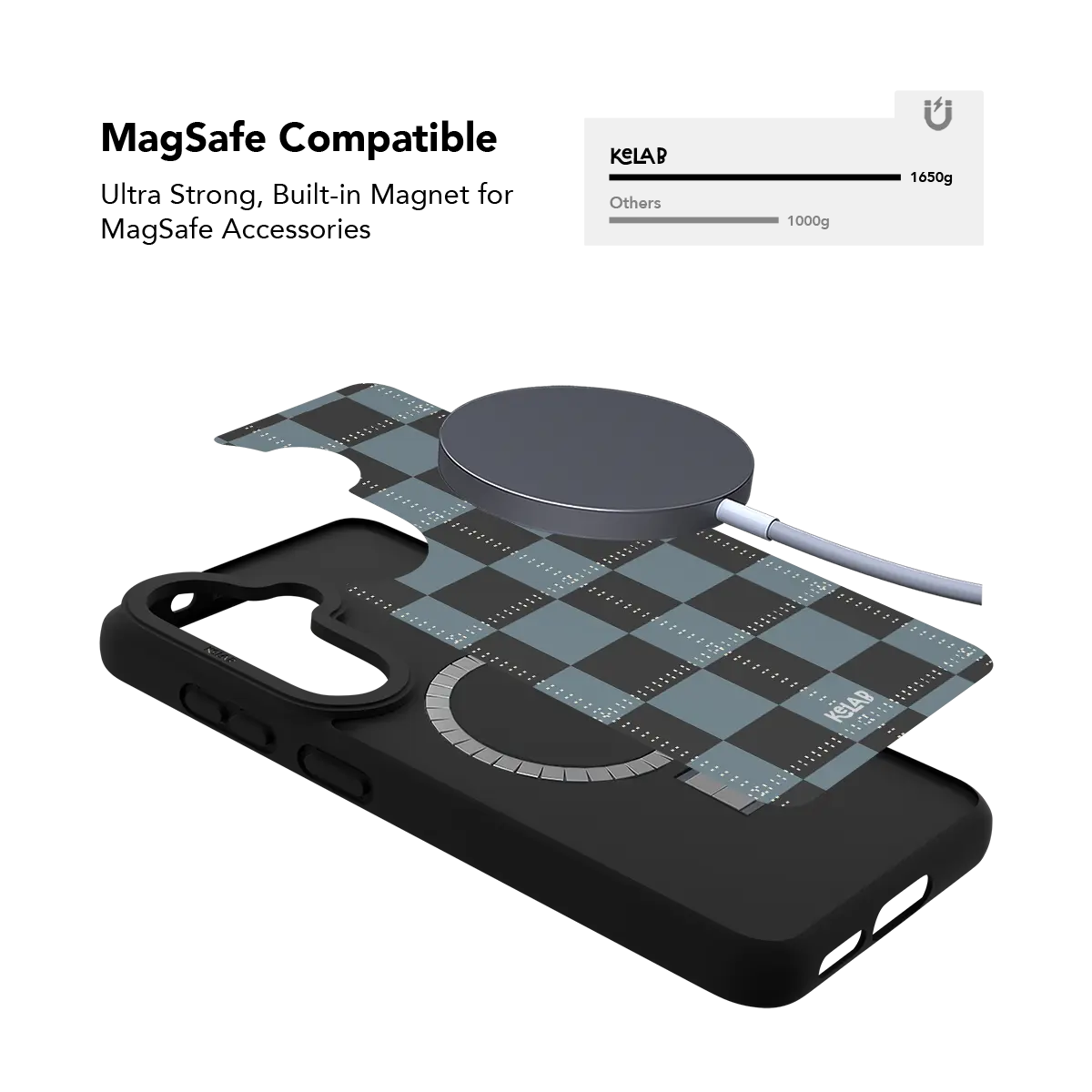 Blue and charcoal tartan plaid Samsung Galaxy case holding a magnetic wireless charger through the built in ring