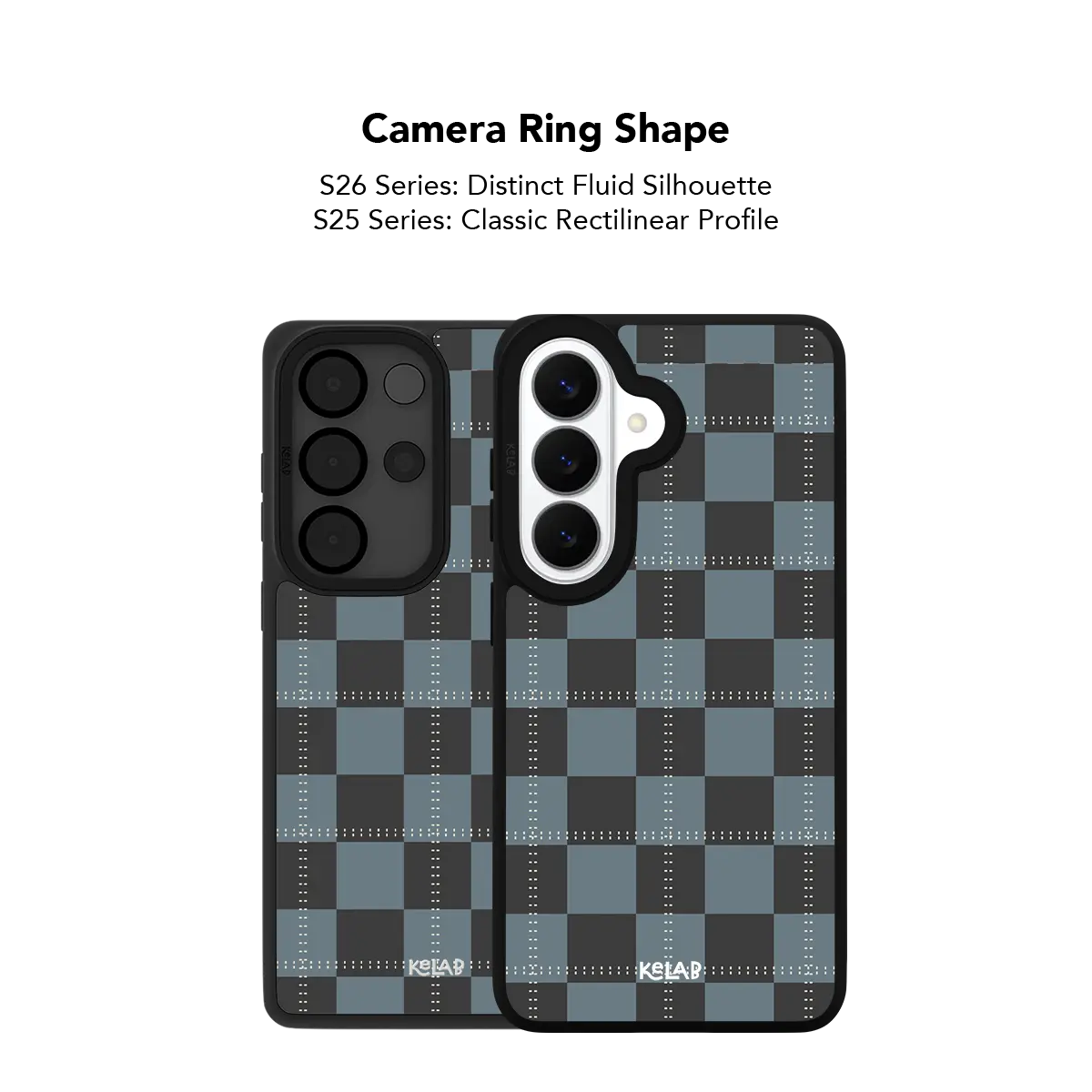 Close up of the camera ring cutout on the blue and charcoal tartan plaid Samsung Galaxy case